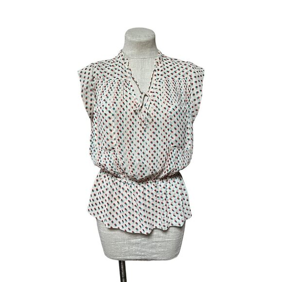 Isani Venn Peplum Top Mod Op Art Multi-dot Sheer Blouse Beige Retro 60s - Picture 2 of 11